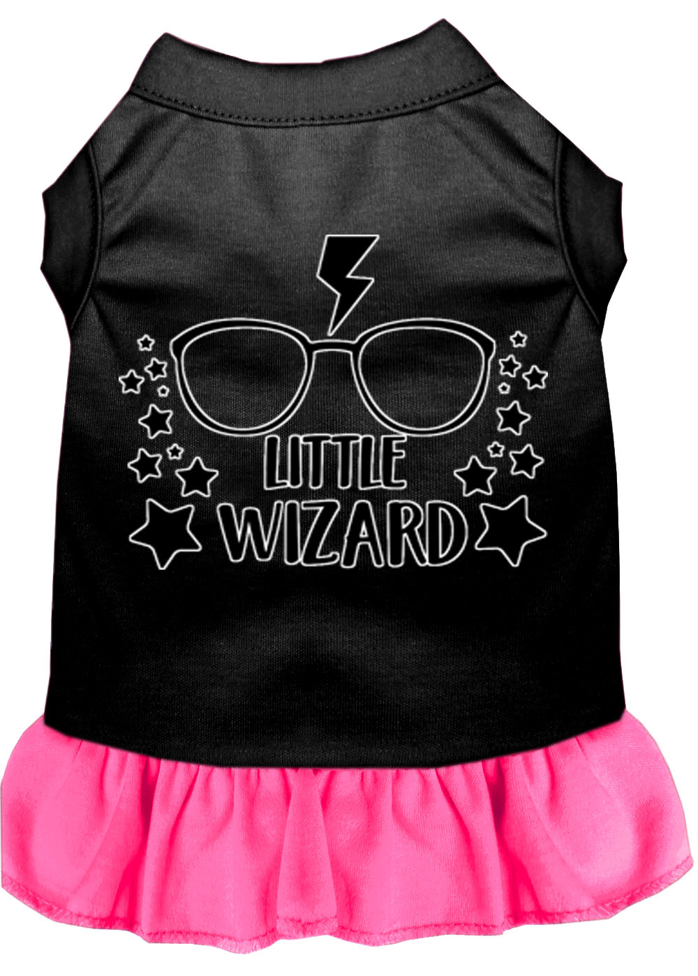 Little Wizard Screen Print Dog Dress Black with Bright Pink Lg